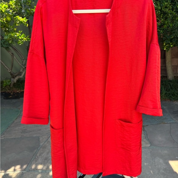 Vilagallo Jacket Red Lightweight 3/4 Sleeve Slouchy Silky Size 44 Large - Picture 2 of 11